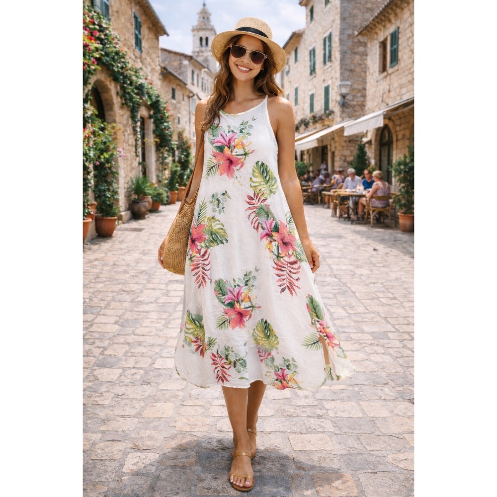 Lungo Larno Womens Linen Tropical Floral Midi Dress M White Italian Resortwear